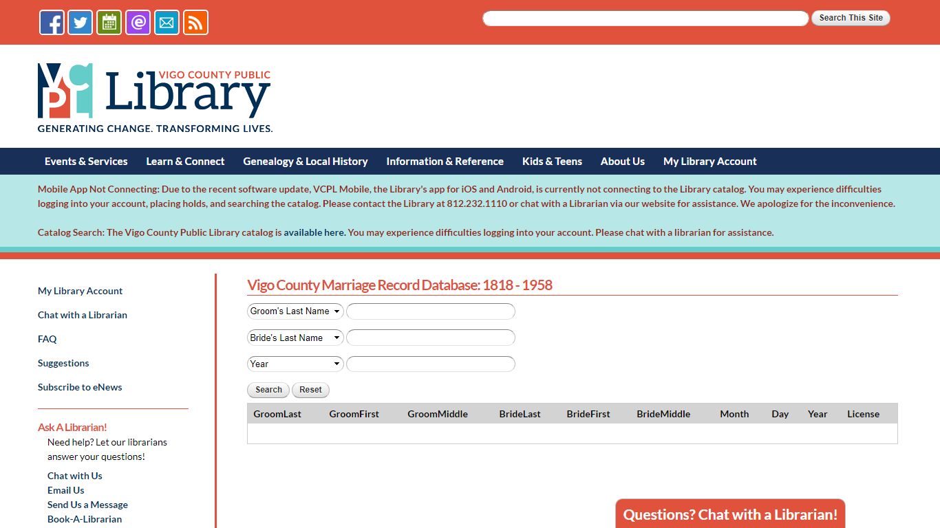 Vigo County Marriage Record Database: 1818 - 1958