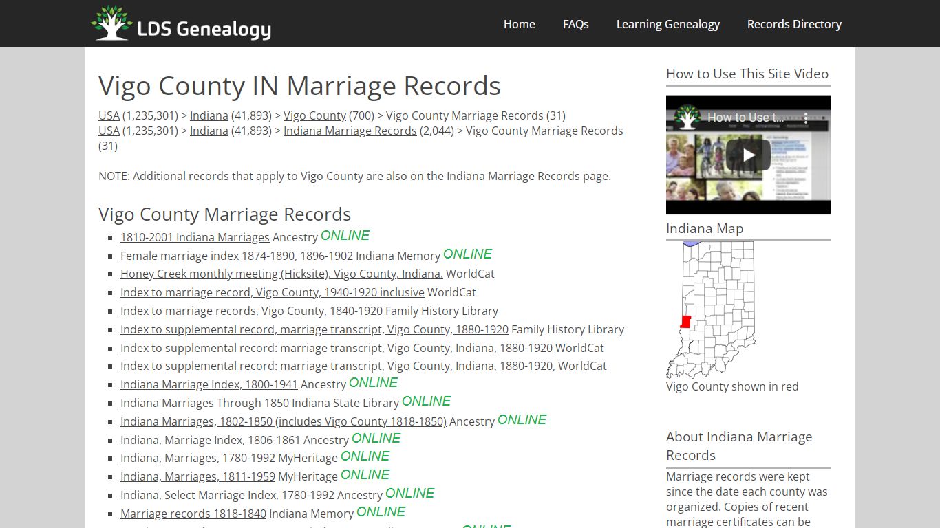 Vigo County IN Marriage Records - LDS Genealogy